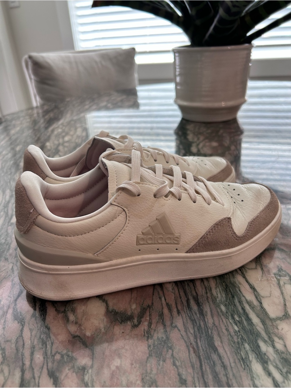 adidas White Sneakers with Taupe Suede Details